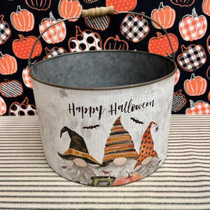 Halloween Gnome Bucket with seasonal themes.