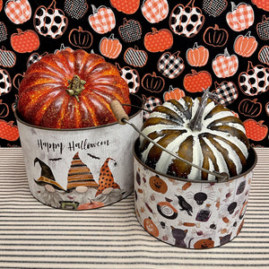 Halloween Gnome Buckets with seasonal themes.