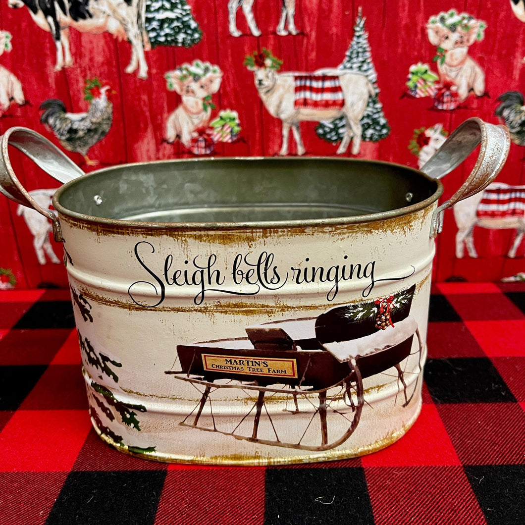 Christmas Farmhouse Bucket with holiday design.