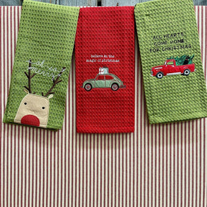Christmas Waffle Towels with holiday designs.