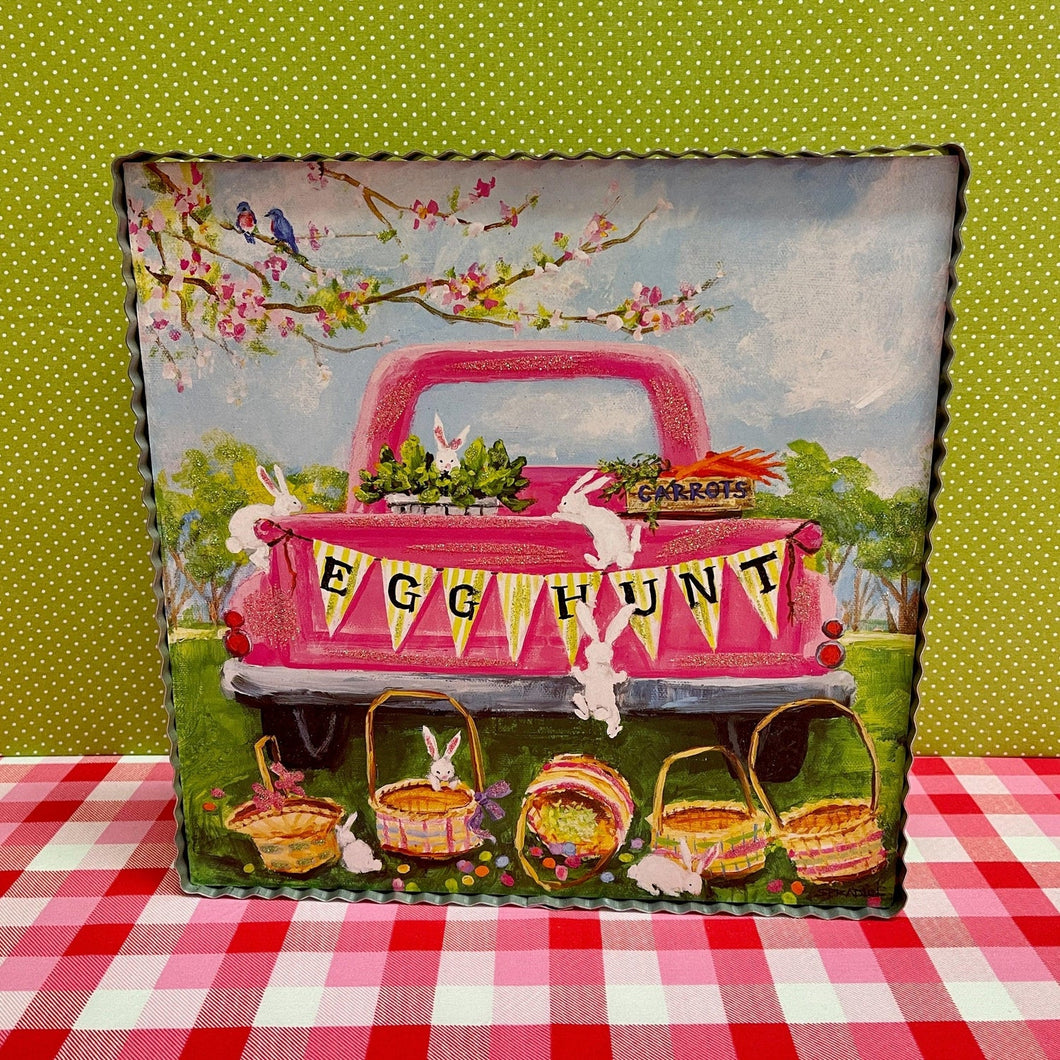 Framed Print with pink farm truck, banner and Easter baskets