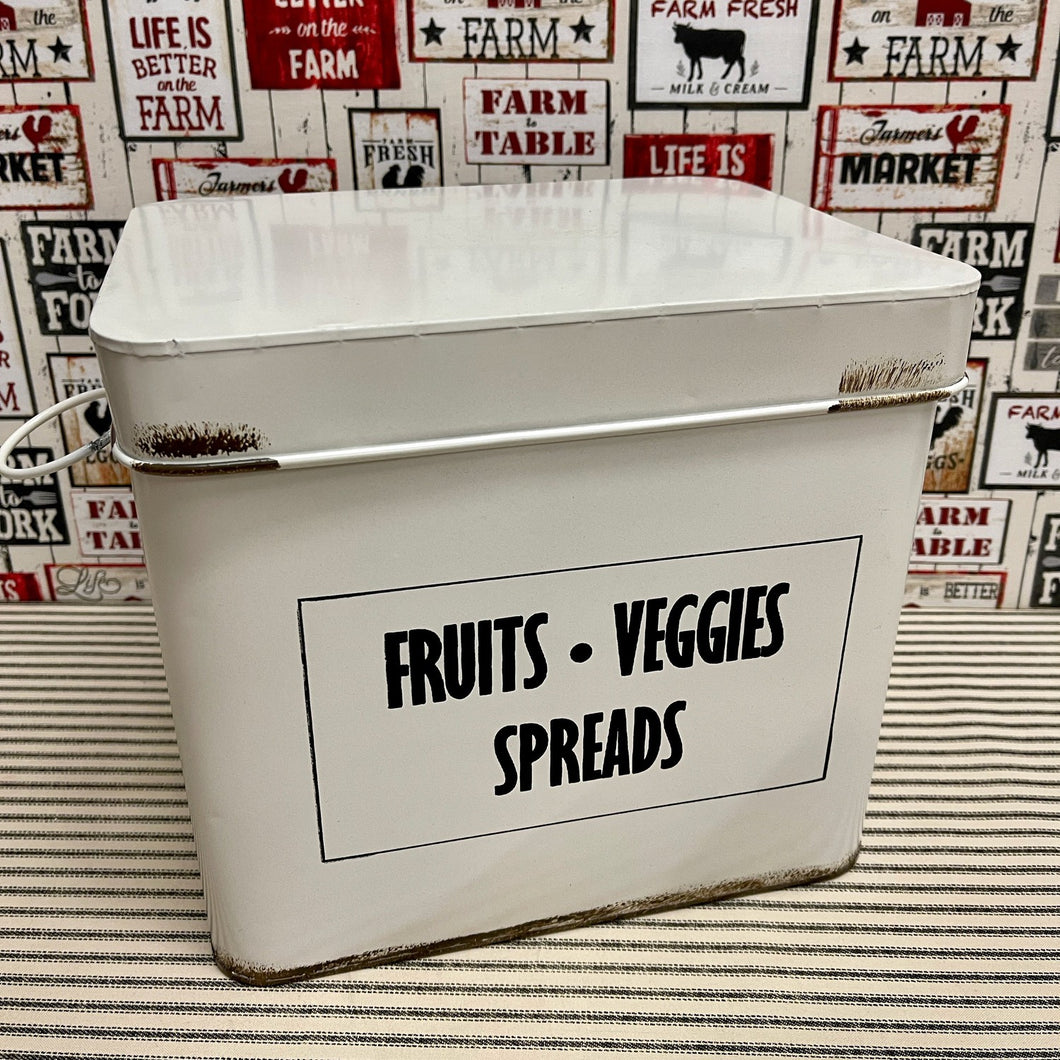 Enamel Kitchen Container with Fruit Veggies and Spreads.