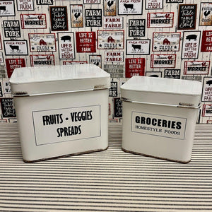 Enamel Kitchen Containers with grocery labels.