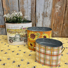 Load image into Gallery viewer, Farmhouse Buckets with a country scene, sunflowers and plaids.