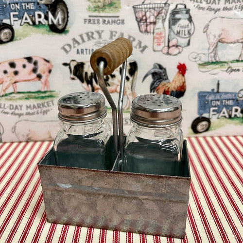 Farmhouse Salt & Pepper Shaker Set with metal holder.