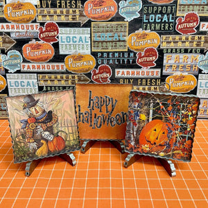 Halloween Framed Art Prints with scarecrows,  jack o' lanterns and season greetings.
