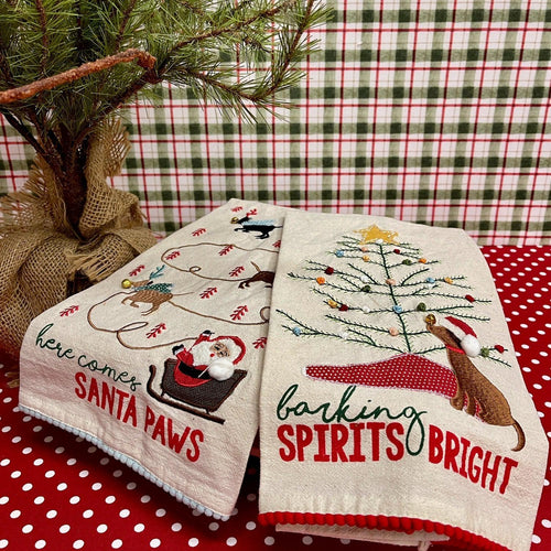 Holiday Kitchen Towels with puppy designs.