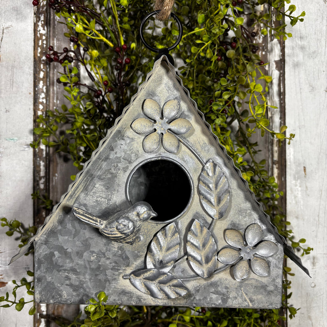 Galvanized Birdhouse with Flowers