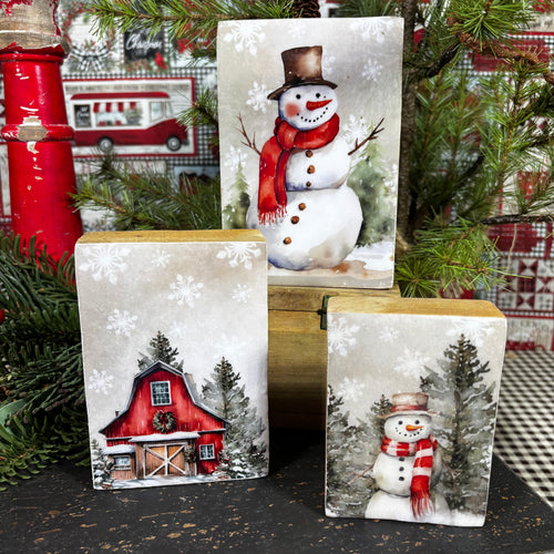 Country Christmas Snowman Wood Blocks