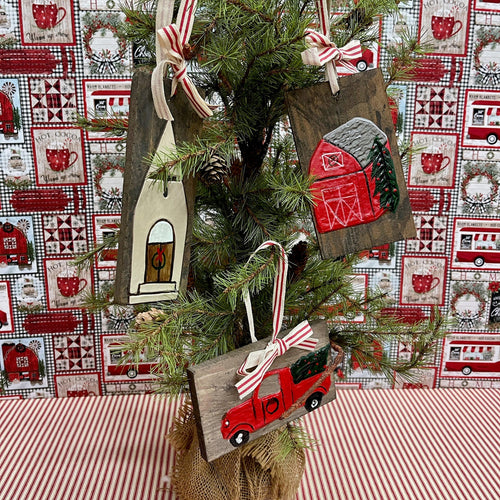 Hand-Painted Christmas Ornaments with farmhouse themes.