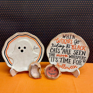 Spooky Stoneware Cookie Plates with Halloween designs.