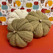 Load image into Gallery viewer, Soft, knit Sweater Pumpkins in white and sage.