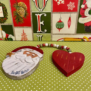 Wooden Holiday Ornament with Santa and Heart.