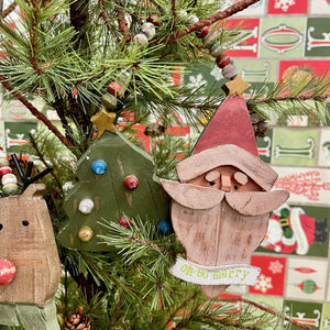 Wooden Holiday Ornament with Tree and Santa.