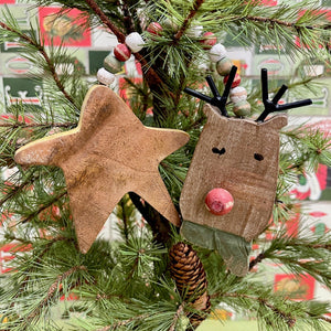 Wooden Holiday Ornament with Star and Reindeer.