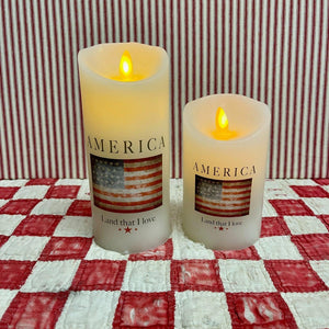 American Flag Battery Candles in 7 & 5 inch sizes with a beautiful flag and America lettering.