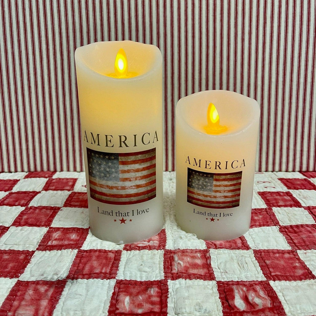 American Flag Battery Candles in 7 & 5 inch sizes with a beautiful flag and America lettering.