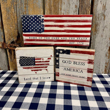 Load image into Gallery viewer, Americana Wood Signs with red and blue flag graphics.