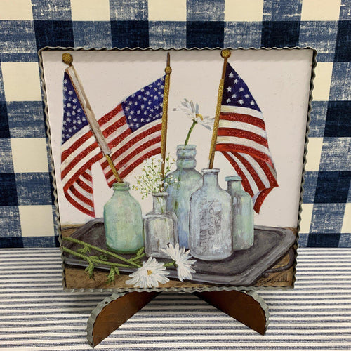 Framed art Americana print with old bottles and waving flags