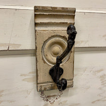 Load image into Gallery viewer, Vintage Door Trim Architectural Wall Hook with distressed paint and iron hook.