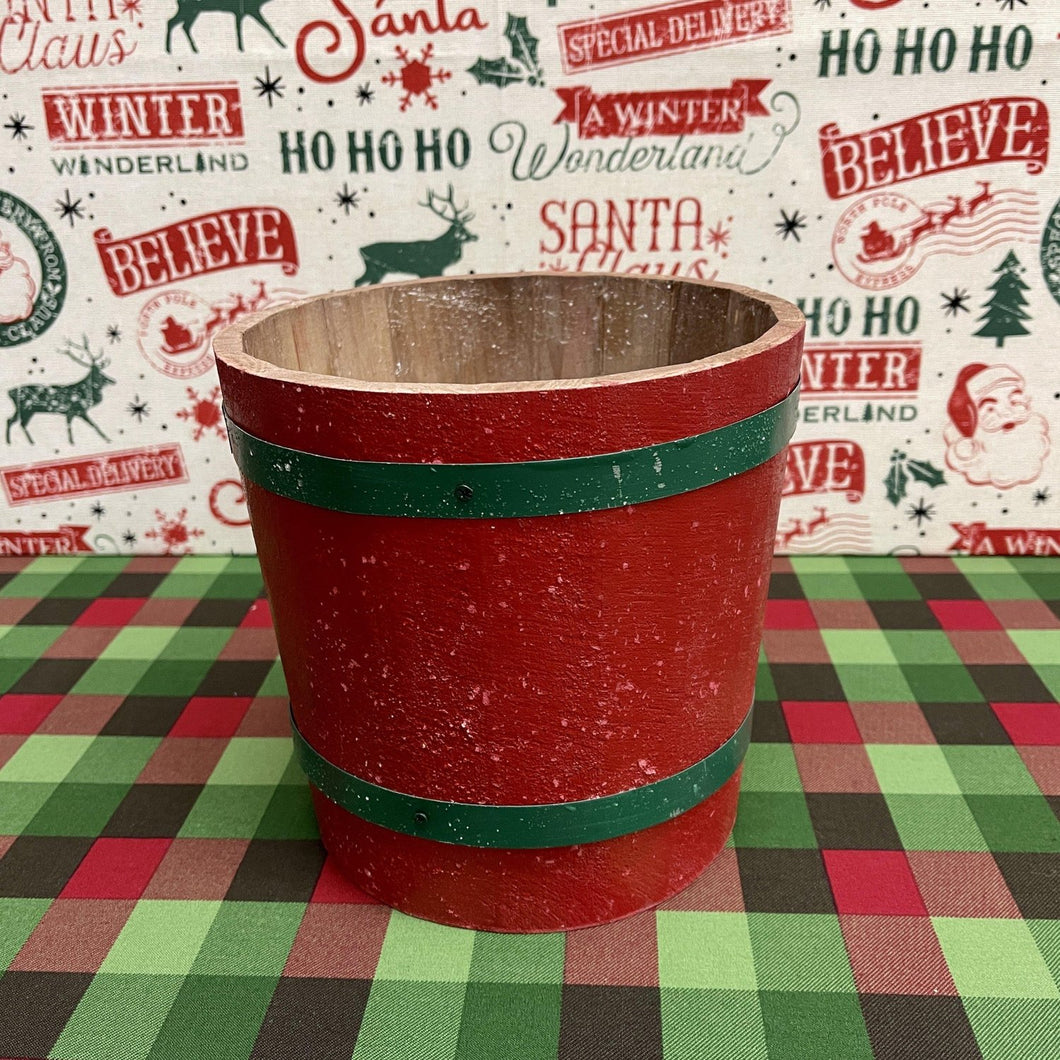 Small red holiday barrel bucket with green band