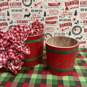 Red holiday barrel buckets with green band