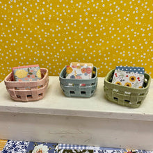 Load image into Gallery viewer, Little Basket Soap Dishes with floral paper wrapped soaps.