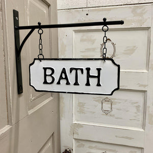 Black and white enamel bath sign with hanging bar