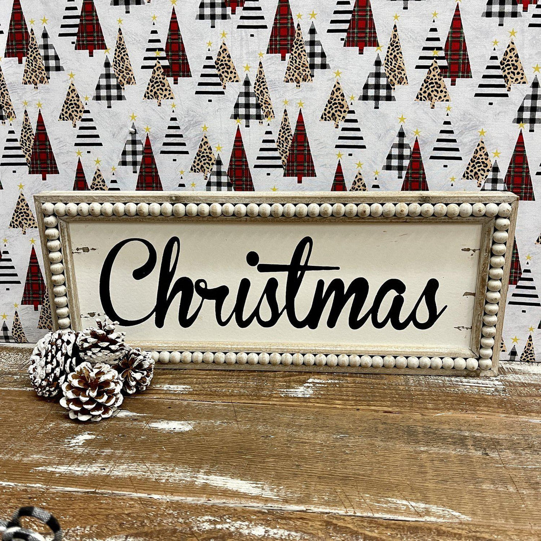 Beaded wood Christmas sign with slight distressing and cream and black colors