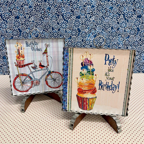 Birthday Framed Art prints with bike and cupcake designs.