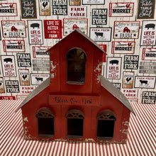 Load image into Gallery viewer, Red metal &quot;Bless Our Nest&quot; Birdhouse with hanger and hinged back door.