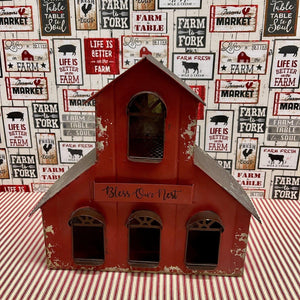 Red metal "Bless Our Nest" Birdhouse with hanger and hinged back door.