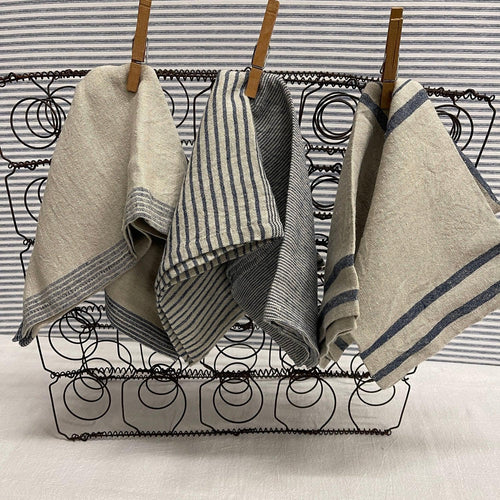 Blue and Cream Linen Dishtowels in three striped designs.