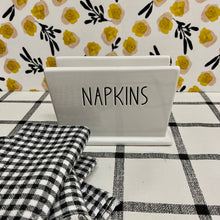 Load image into Gallery viewer, Ceramic Bright White Napkin Holder with black NAPKIN lettering.