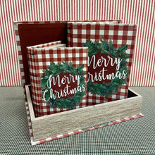 Load image into Gallery viewer, Buffalo Check Christmas Book Boxes with wreath and script Merry Christmas.