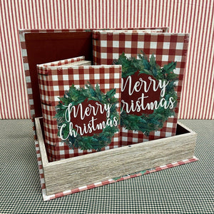 Buffalo Check Christmas Book Boxes with wreath and script Merry Christmas.