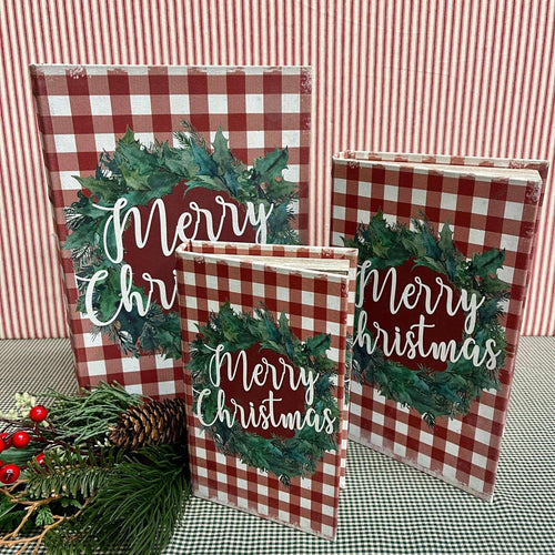 Buffalo Check Christmas Book Boxes with wreath and script Merry Christmas.