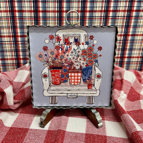 Framed Art Print with a farm truck, red, white and blue flowers and kittens.