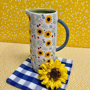 Ceramic Pitcher with hand painted sunflowers, berries and florals.