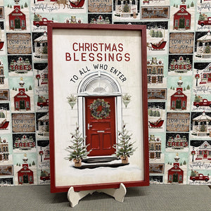 Christmas Blessings framed sign with front door setting