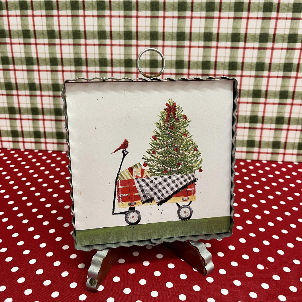 Christmas framed art print with little red wagon and tree