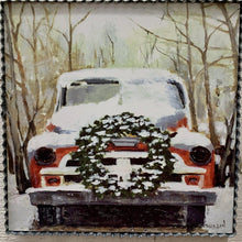 Load image into Gallery viewer, Christmas print with old car and wreath