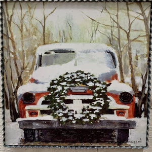Christmas print with old car and wreath