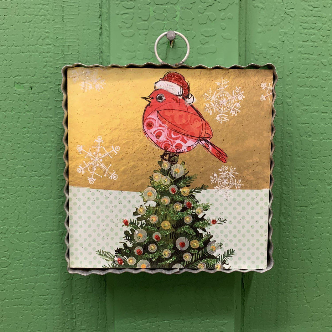 Christmas print with redbird tree topper framed in corrugated metal
