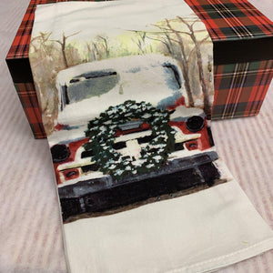 Cotton kitchen towel with red farm truck with wreath and snow