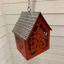 Load image into Gallery viewer, Red metal hanging house ornament with cut out lettering and tree