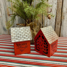 Load image into Gallery viewer, Red metal hanging house ornament with cut out lettering and tree