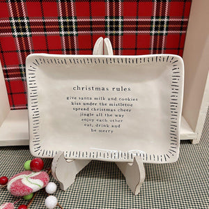 "Christmas Rules" holiday platter in white and black