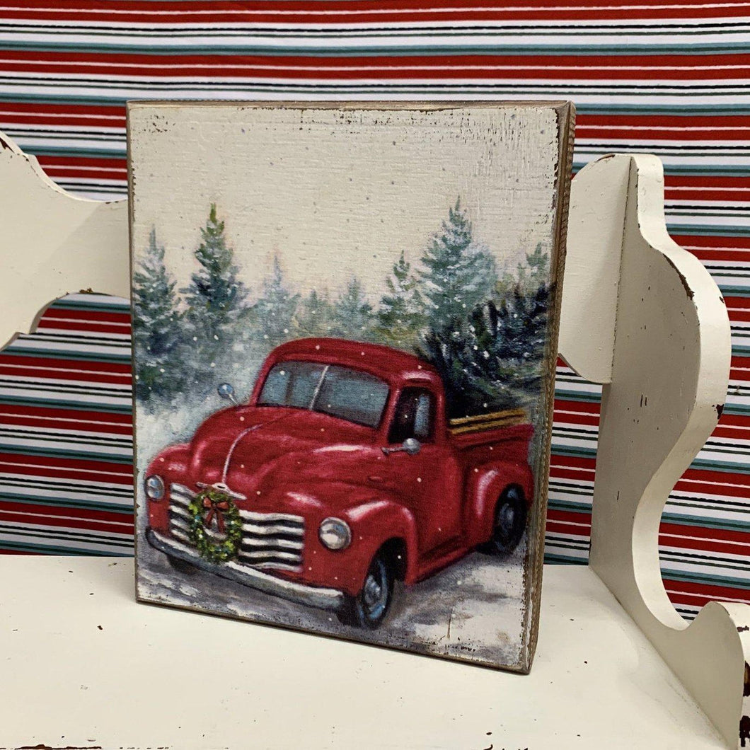 Christmas canvas print with red farm truck and wreath