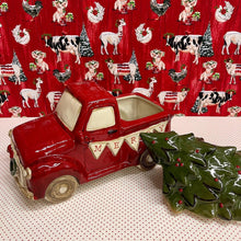 Load image into Gallery viewer, Hand painted Christmas Truck Cookie Jar with banner and tree lid.